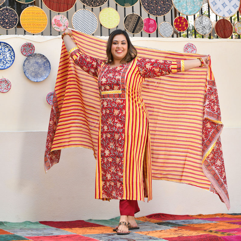 Harvest Hues And Red Kalamkari Handblock Cotton Suit Set