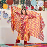 Harvest Hues And Red Kalamkari Handblock Cotton Suit Set