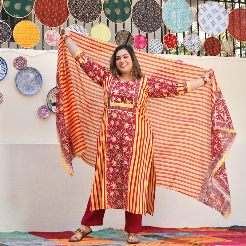 Harvest Hues And Red Kalamkari Handblock Cotton Suit Set