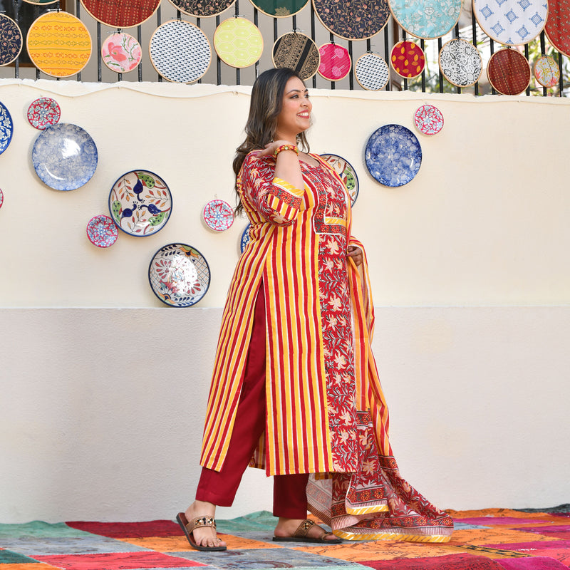 Harvest Hues And Red Kalamkari Handblock Cotton Suit Set