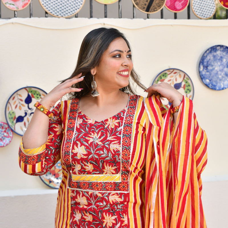 Harvest Hues And Red Kalamkari Handblock Cotton Suit Set
