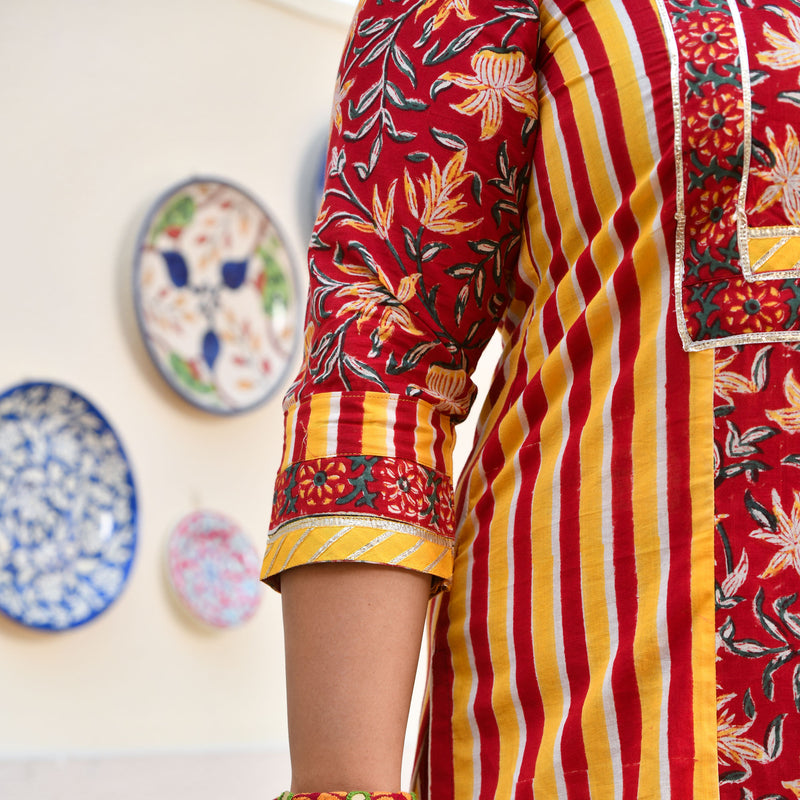 Harvest Hues And Red Kalamkari Handblock Cotton Suit Set
