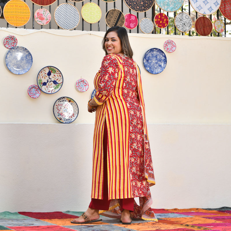 Harvest Hues And Red Kalamkari Handblock Cotton Suit Set