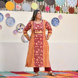 Harvest Hues And Red Kalamkari Handblock Cotton Suit Set