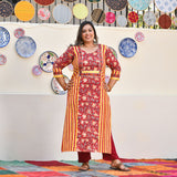 Harvest Hues And Red Kalamkari Handblock Cotton Suit Set