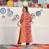 Harvest Hues And Red Kalamkari Handblock Cotton Suit Set