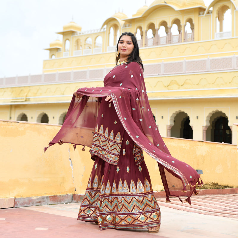 Dark Mauve with Aqua Sequin Pure Georgette Sharara Set