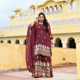 Dark Mauve with Aqua Sequin Pure Georgette Sharara Set