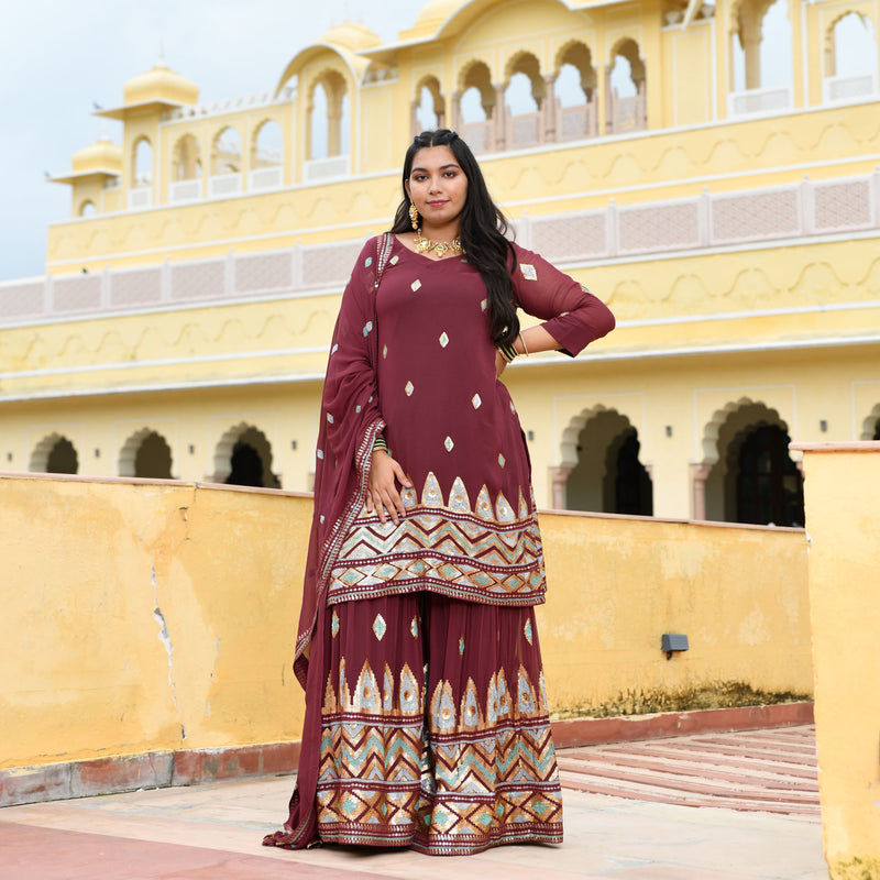 Dark Mauve with Aqua Sequin Pure Georgette Sharara Set