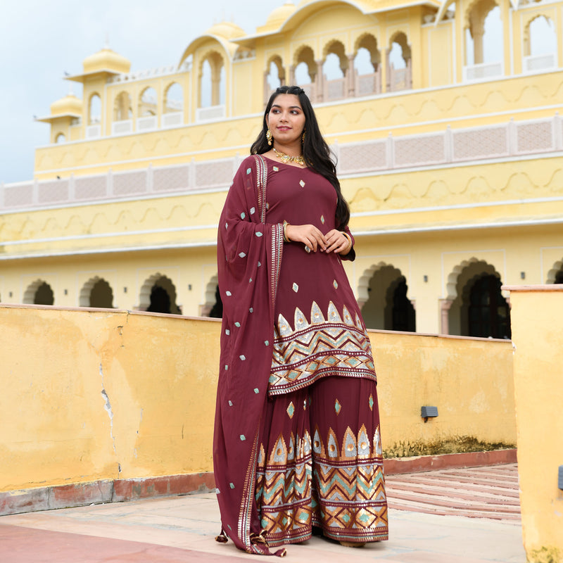 Dark Mauve with Aqua Sequin Pure Georgette Sharara Set