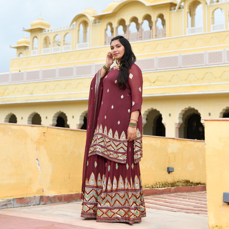 Dark Mauve with Aqua Sequin Pure Georgette Sharara Set