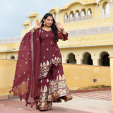 Dark Mauve with Aqua Sequin Pure Georgette Sharara Set