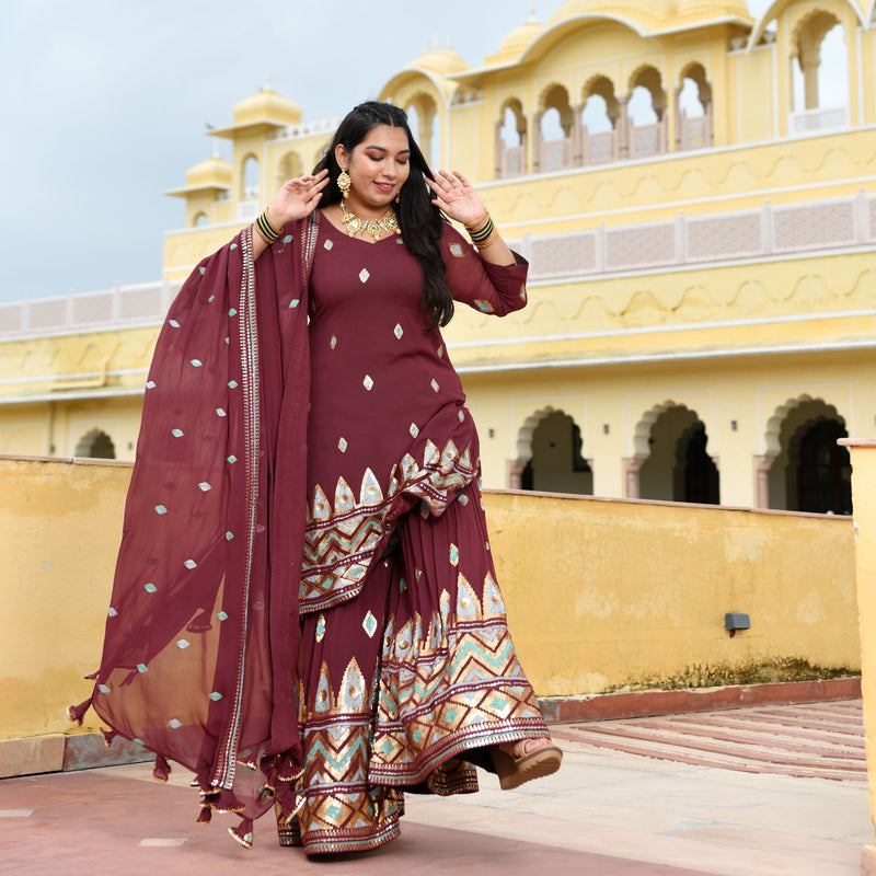 Dark Mauve with Aqua Sequin Pure Georgette Sharara Set