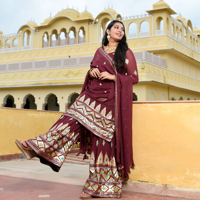 Dark Mauve with Aqua Sequin Pure Georgette Sharara Set