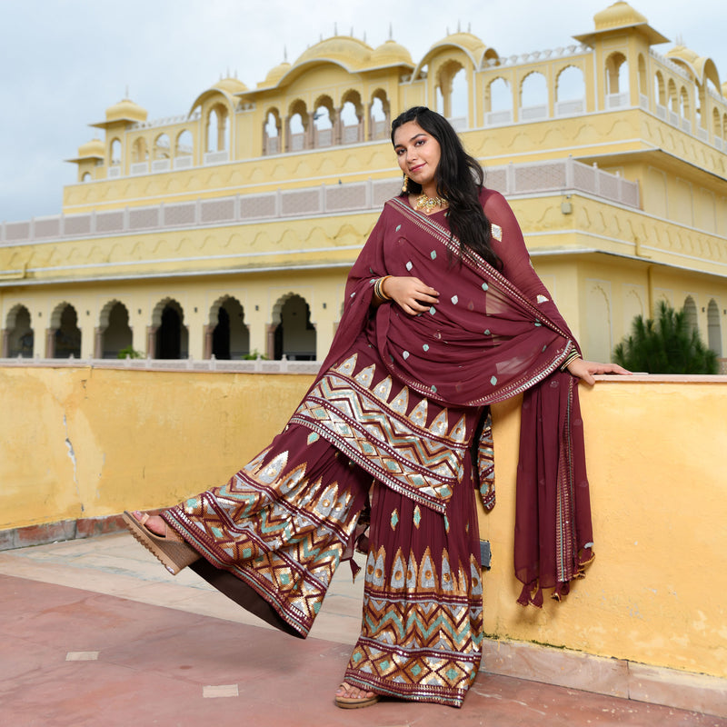Dark Mauve with Aqua Sequin Pure Georgette Sharara Set