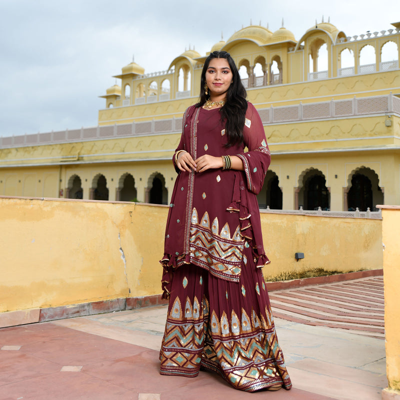 Dark Mauve with Aqua Sequin Pure Georgette Sharara Set