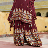 Dark Mauve with Aqua Sequin Pure Georgette Sharara Set