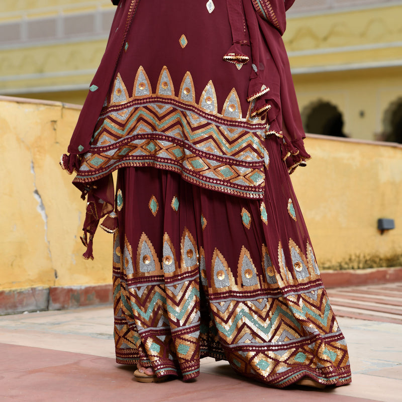 Dark Mauve with Aqua Sequin Pure Georgette Sharara Set