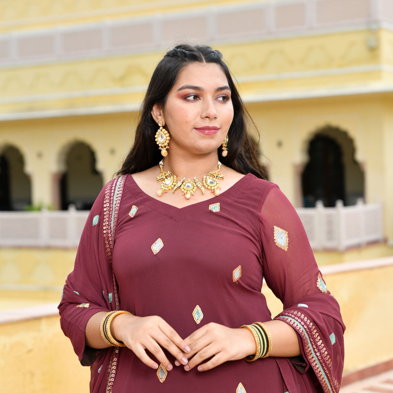 Dark Mauve with Aqua Sequin Pure Georgette Sharara Set