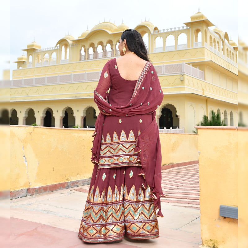 Dark Mauve with Aqua Sequin Pure Georgette Sharara Set