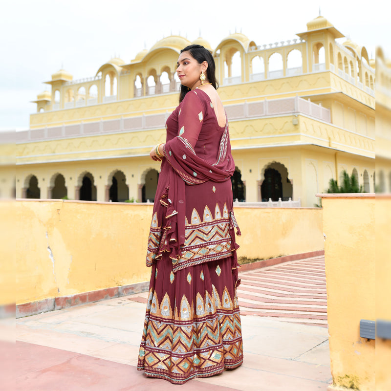 Dark Mauve with Aqua Sequin Pure Georgette Sharara Set