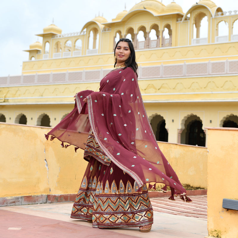 Dark Mauve with Aqua Sequin Pure Georgette Sharara Set