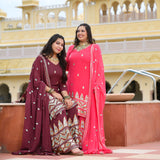 Dark Mauve with Aqua Sequin Pure Georgette Sharara Set