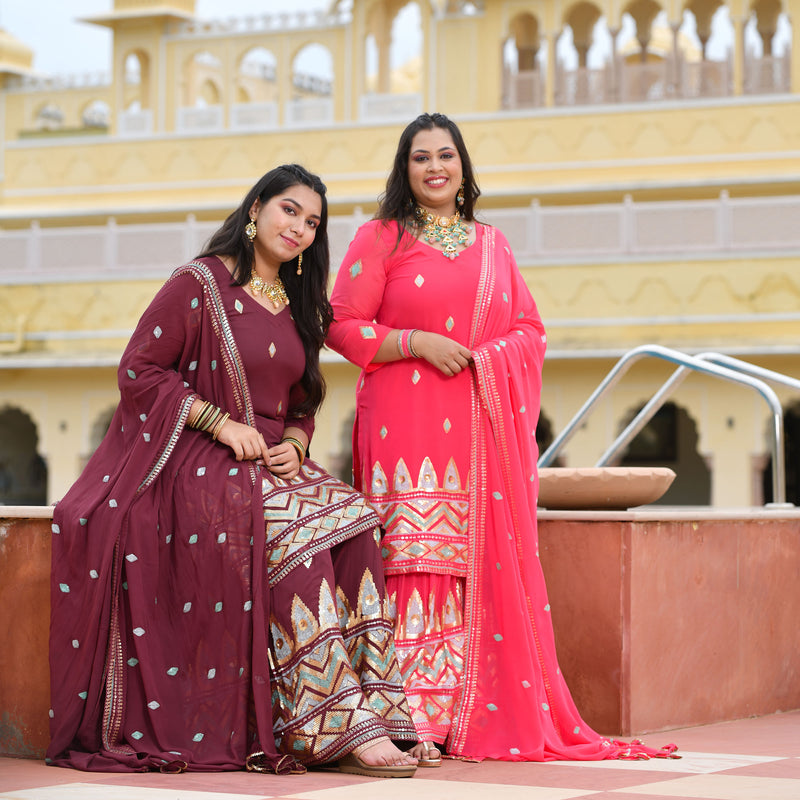 Warm Pink with Aqua Sequin Pure Georgette Sharara Set