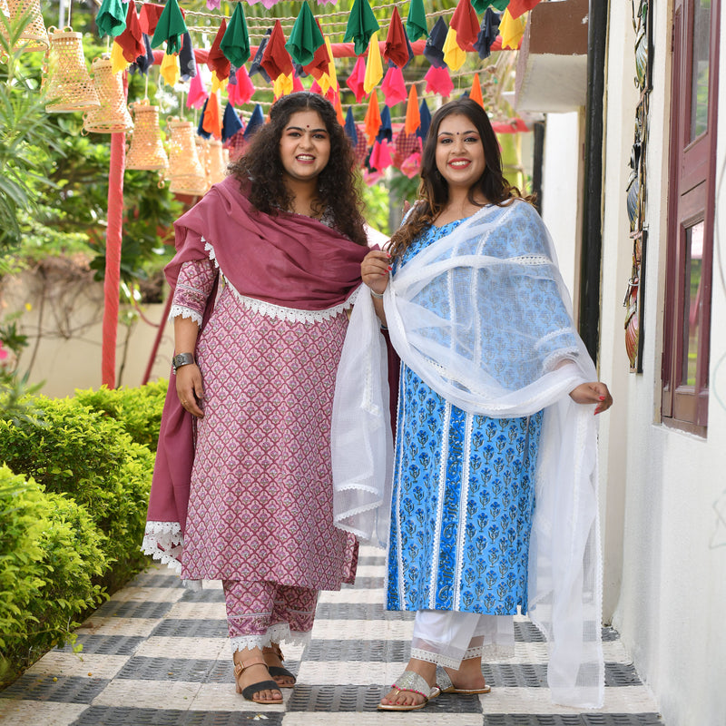 Azure Blue Floral Chikan Lace Kurta