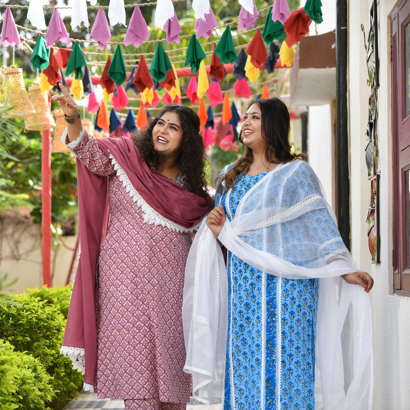Azure Blue Floral Chikan Lace Kurta