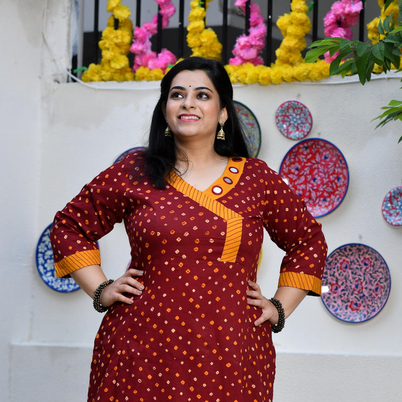 Merlot Red Bandhani Bahar Mirror Work Aline Slit Kurta