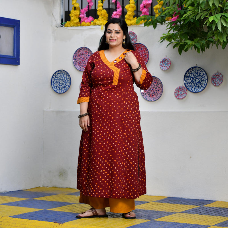 Merlot Red Bandhani Bahar Mirror Work Aline Slit Kurta
