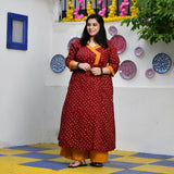 Merlot Red Bandhani Bahar Mirror Work Aline Slit Kurta