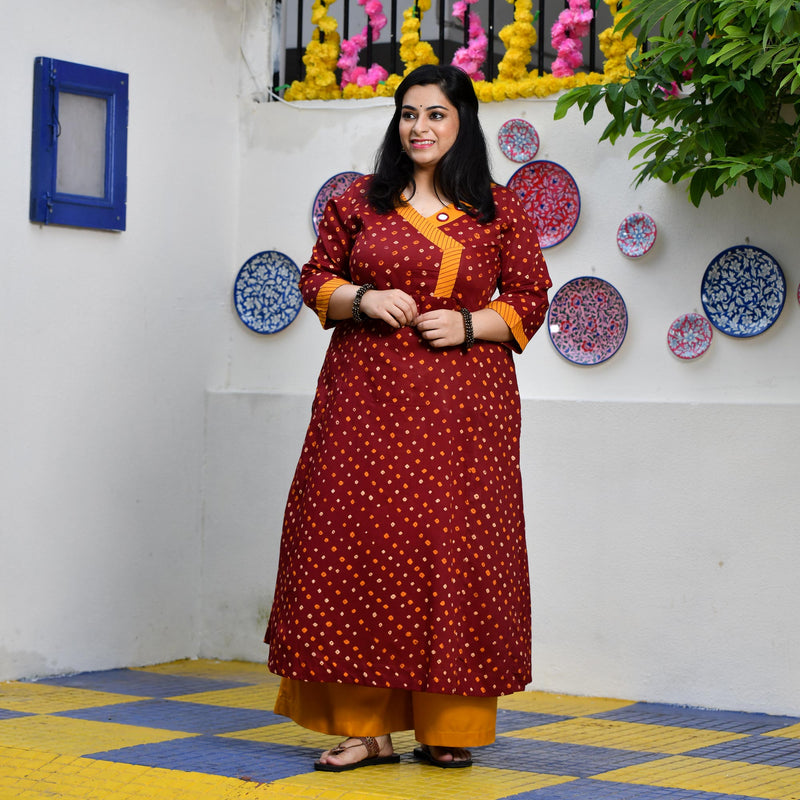 Merlot Red Bandhani Bahar Mirror Work Aline Slit Kurta