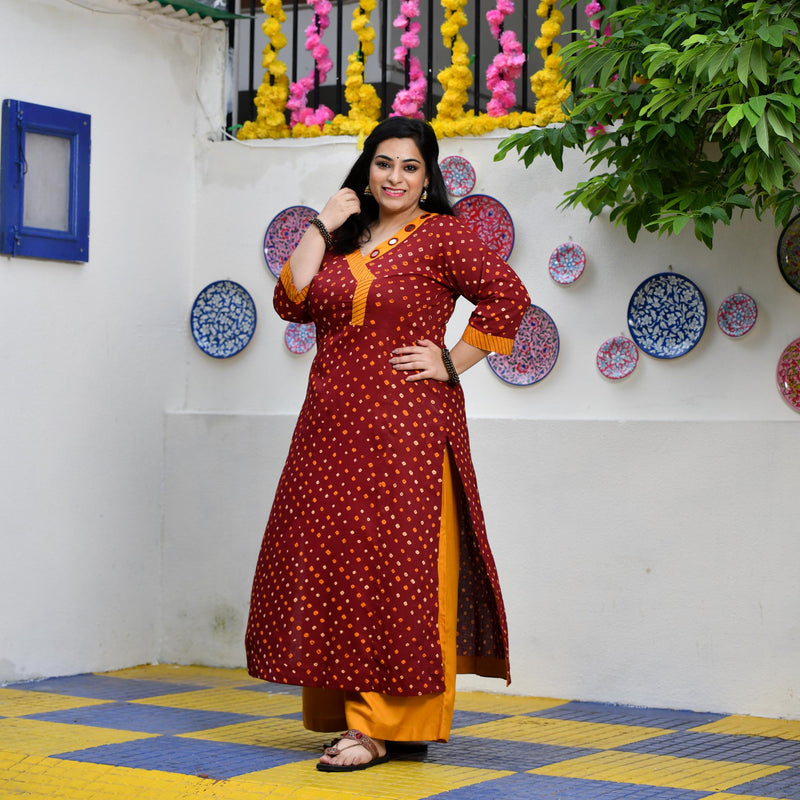 Merlot Red Bandhani Bahar Mirror Work Aline Slit Kurta