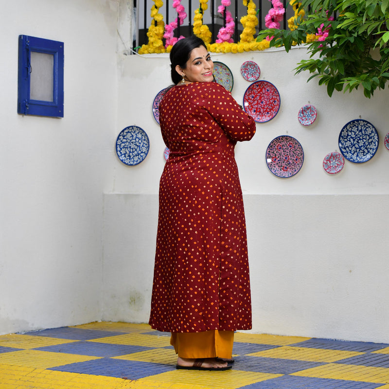 Merlot Red Bandhani Bahar Mirror Work Aline Slit Kurta