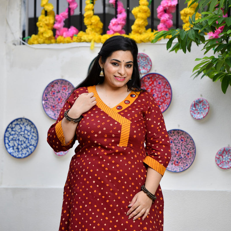 Merlot Red Bandhani Bahar Mirror Work Aline Slit Kurta