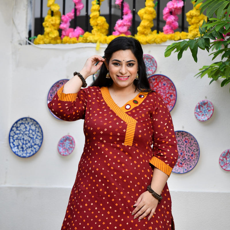 Merlot Red Bandhani Bahar Mirror Work Aline Slit Kurta