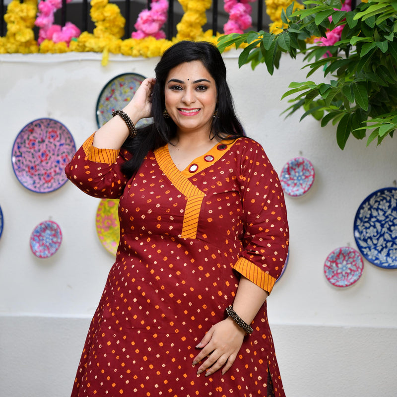 Merlot Red Bandhani Bahar Mirror Work Aline Slit Kurta
