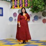 Merlot Red Bandhani Bahar Mirror Work Aline Slit Kurta