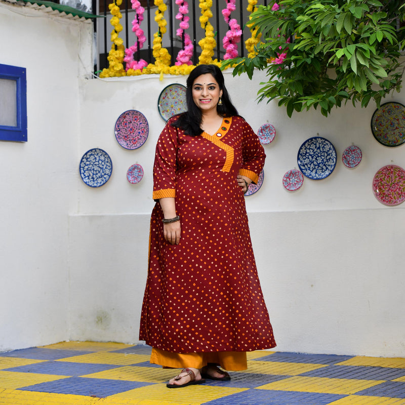 Merlot Red Bandhani Bahar Mirror Work Aline Slit Kurta