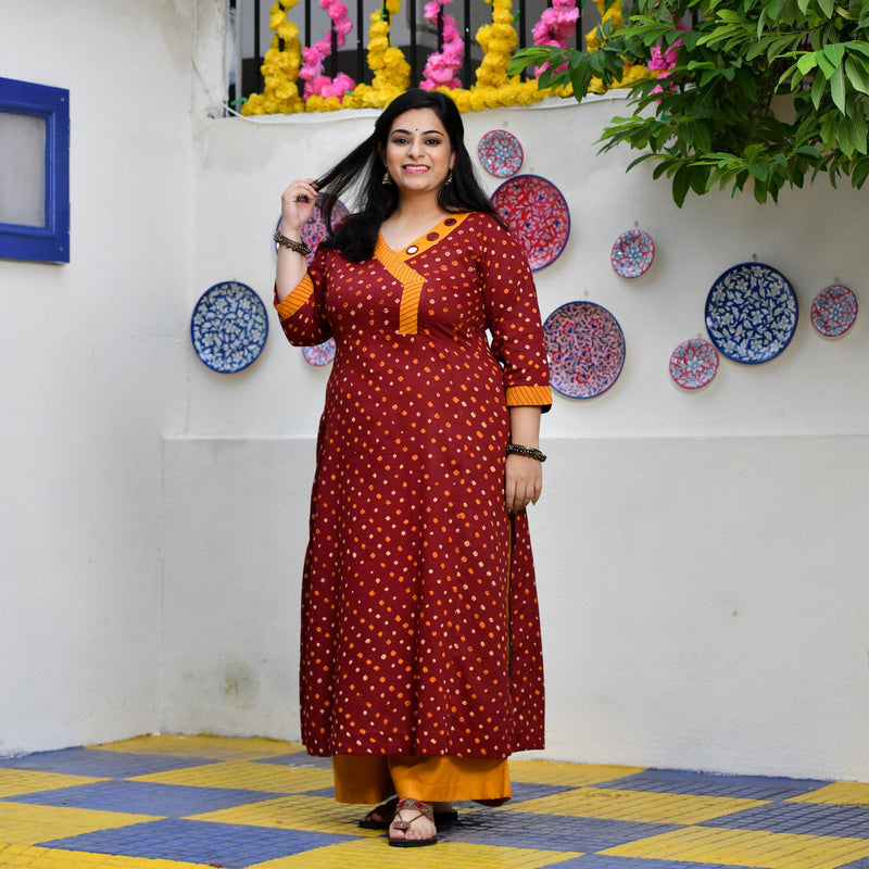 Merlot Red Bandhani Bahar Mirror Work Aline Slit Kurta