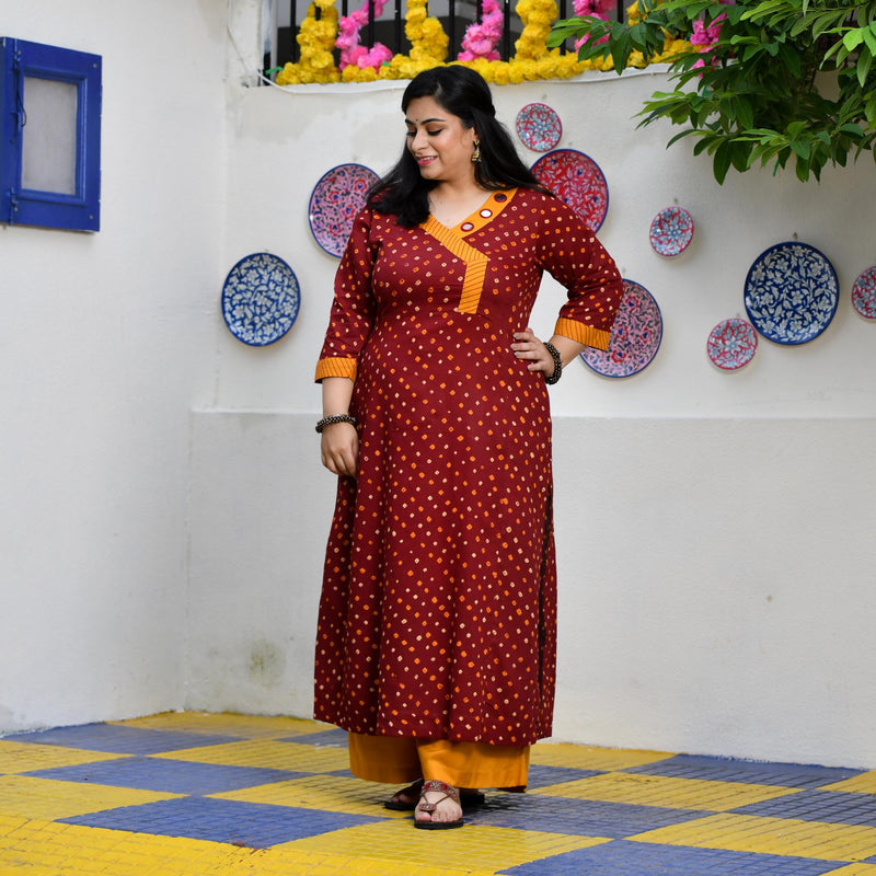 Merlot Red Bandhani Bahar Mirror Work Aline Slit Kurta
