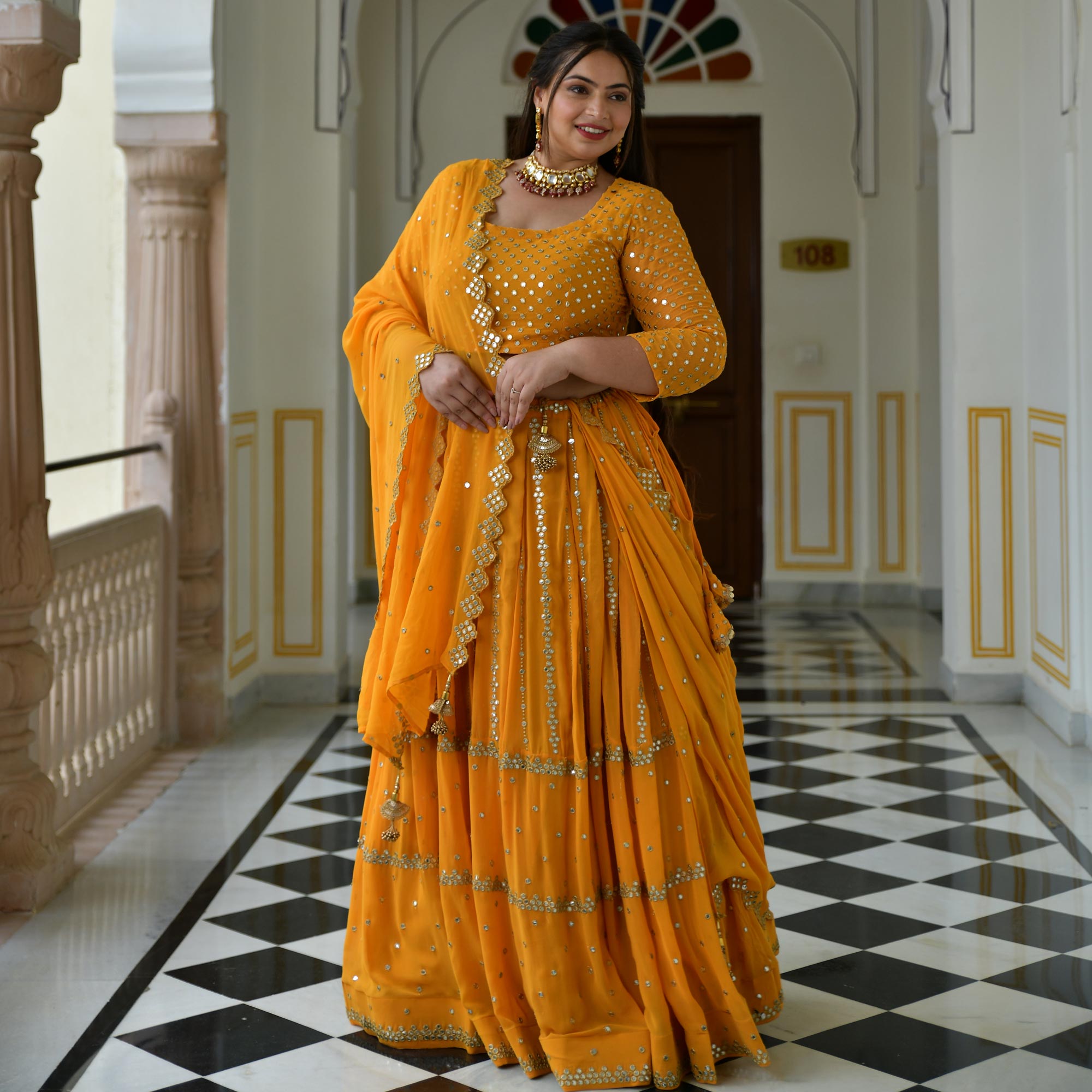 Meteor Yellow Mirror Work Lehenga Set