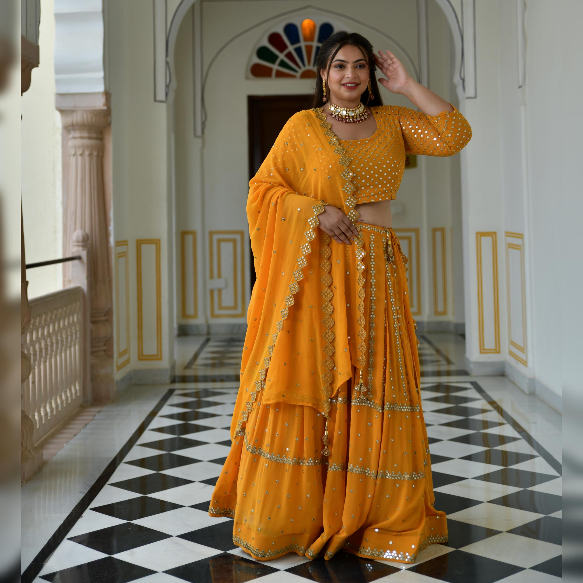 Meteor Yellow Mirror Work Lehenga Set