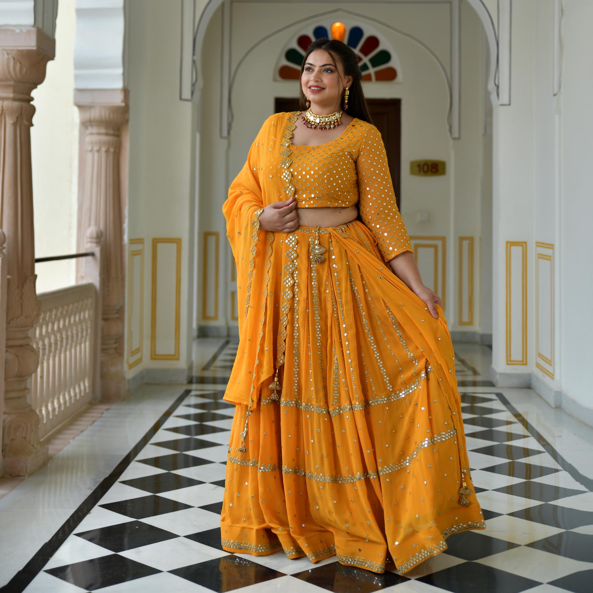 Meteor Yellow Mirror Work Lehenga Set