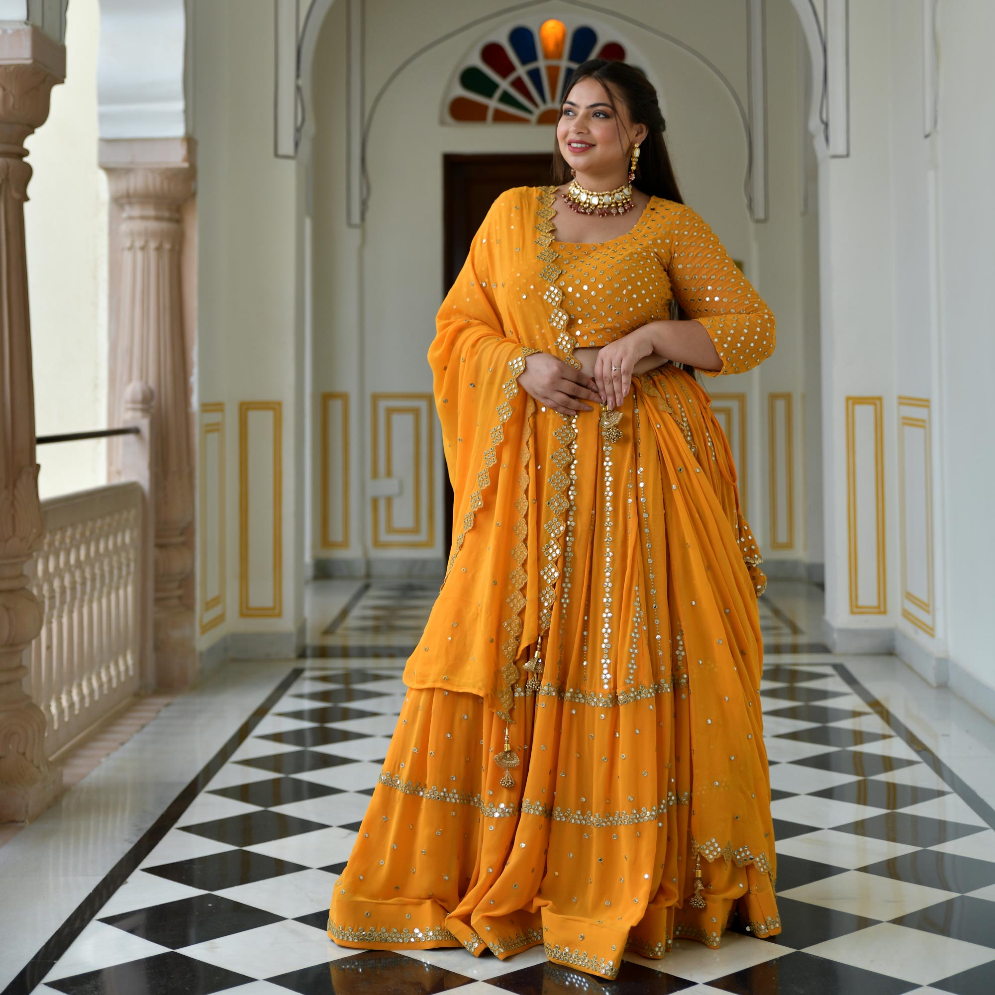 Meteor Yellow Mirror Work Lehenga Set