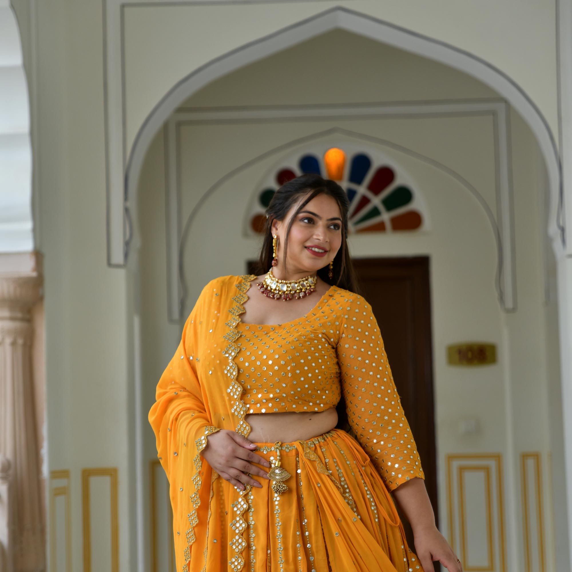 Meteor Yellow Mirror Work Lehenga Set