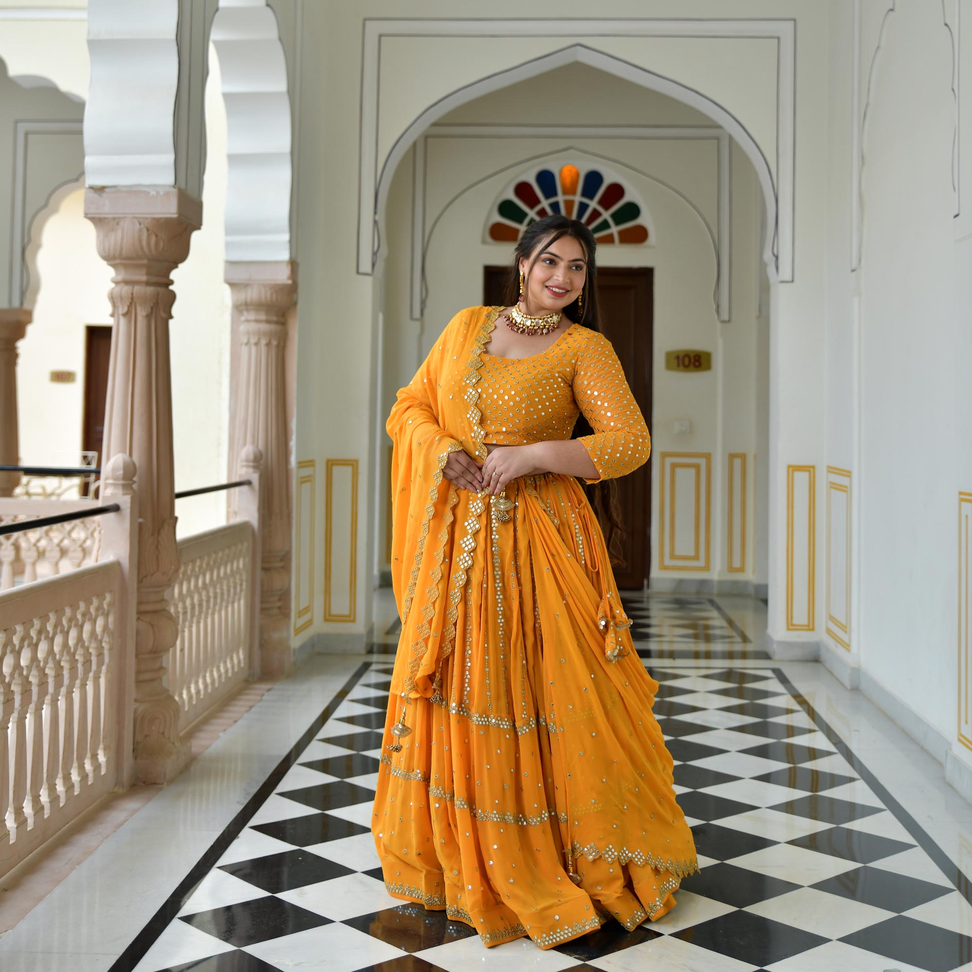 Meteor Yellow Mirror Work Lehenga Set