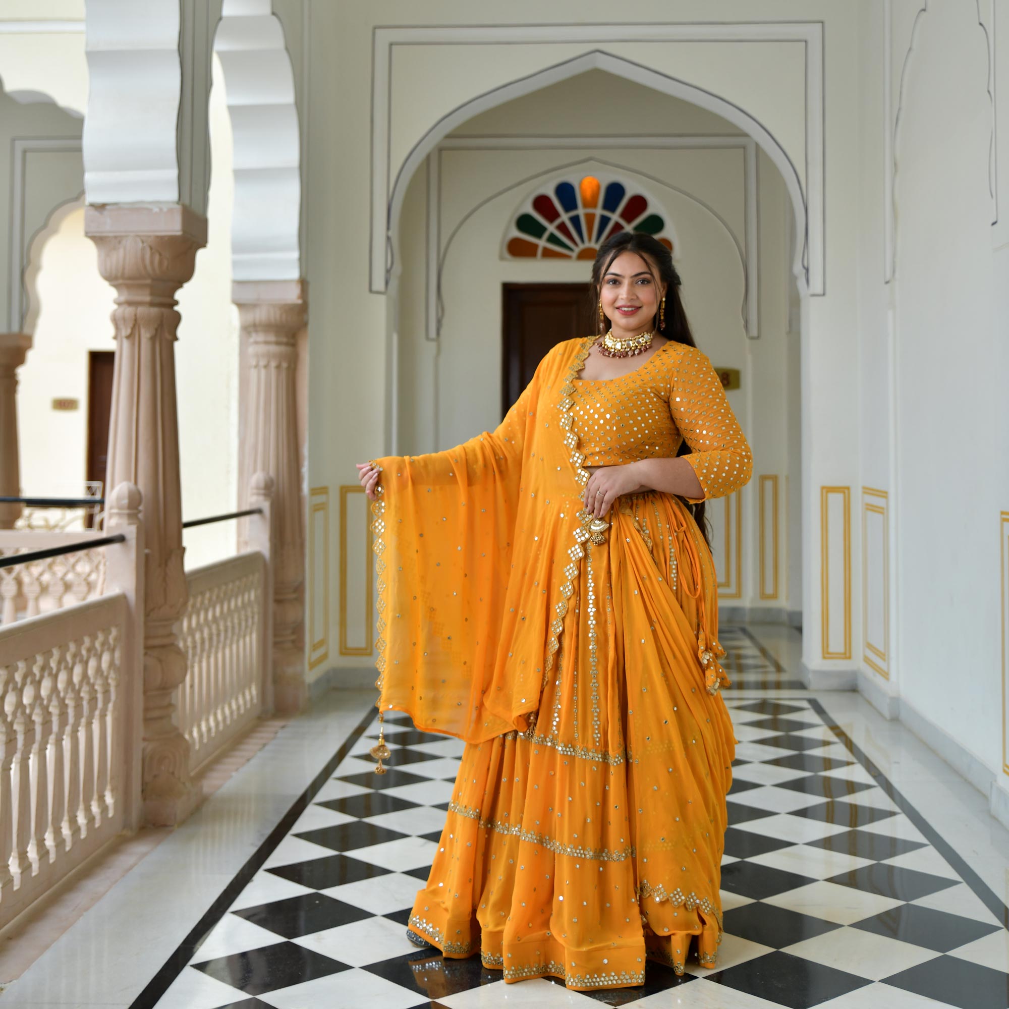 Meteor Yellow Mirror Work Lehenga Set